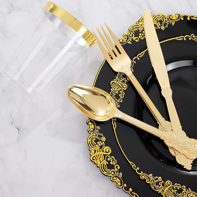 Hioasis 175pcs Black and Gold Plastic Plates - Elegant Disposable Dinnerware Set Suitable for 25 Guests Include 10.25" Dinner & 7.5" Dessert Plates, Cutlery, Napkins, Cups for Party & Halloween