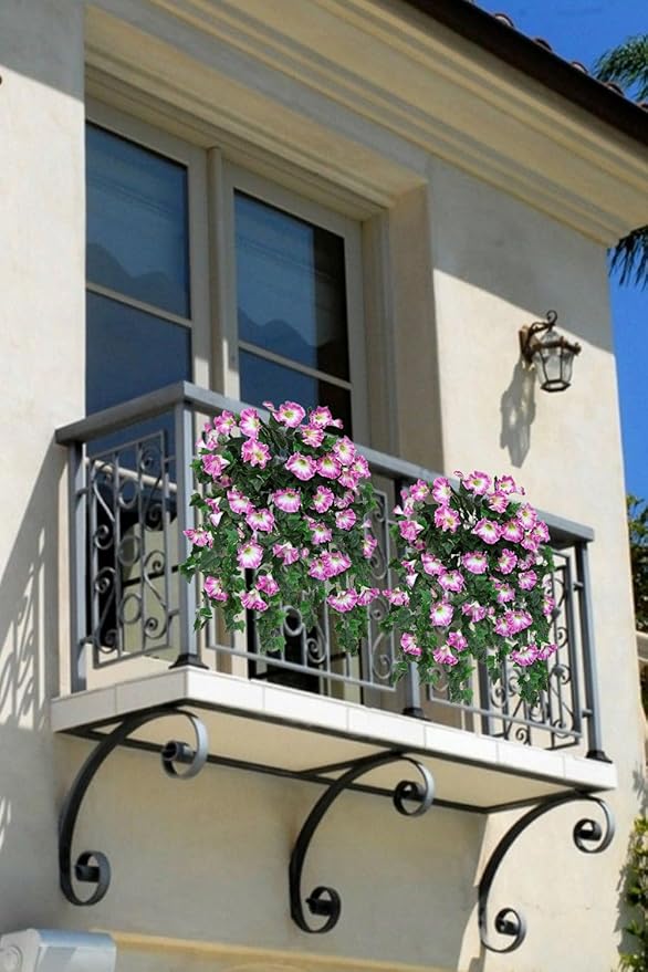 Artificial Fake Flowers Plants for Outdoor Decoration, 2PCS Faux Petunias Silk Plants UV Resistant Realistic Porch Garden Balcony Decor, Fake Flowers for Outdoor Planters Home Decor(Pure purple-red)