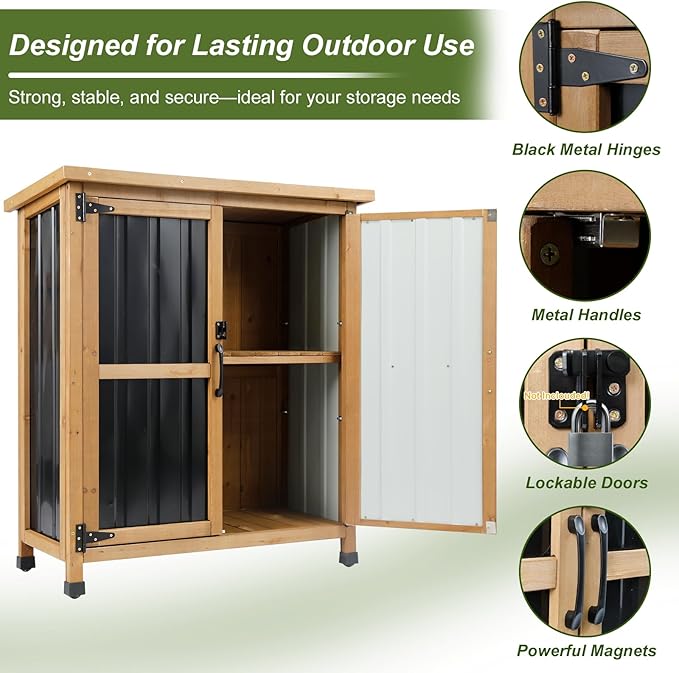 Outdoor Storage Cabinet, Wood & Metal Small Storage Shed with Weather-Resistant Asphalt Roof, Double Lockable Doors & Removable Shelves for Porch, Patio, Garden, Backyard, 32" x 13" x 40"