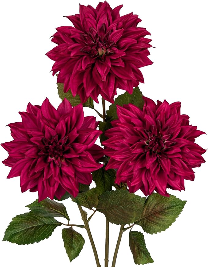3Pcs Purplish Red Artificial Dahlia Flowers Fall Fake Flower Silk Flowers with Long Stem 28" Floral Arrangements Bouquets Autumn Faux Dahlias Flowers for DIY Wedding Party Centerpieces Home Decor