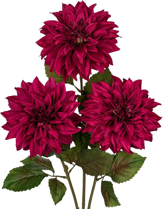 3Pcs Purplish Red Artificial Dahlia Flowers Fall Fake Flower Silk Flowers with Long Stem 28" Floral Arrangements Bouquets Autumn Faux Dahlias Flowers for DIY Wedding Party Centerpieces Home Decor