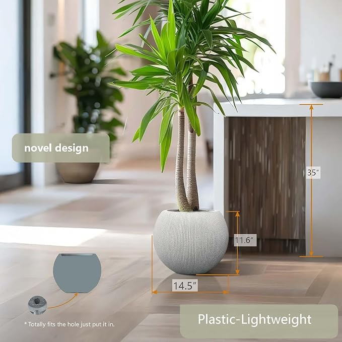 11.8 H x 14.5" Dia (10" Pot Opening) Plastic Beige Round Planters for Outdoor Plants, Resin Flower Pot for Indoor and Outdoor Plants, Plant Pot with Drainage Holes and Plug for Home Patio Garden