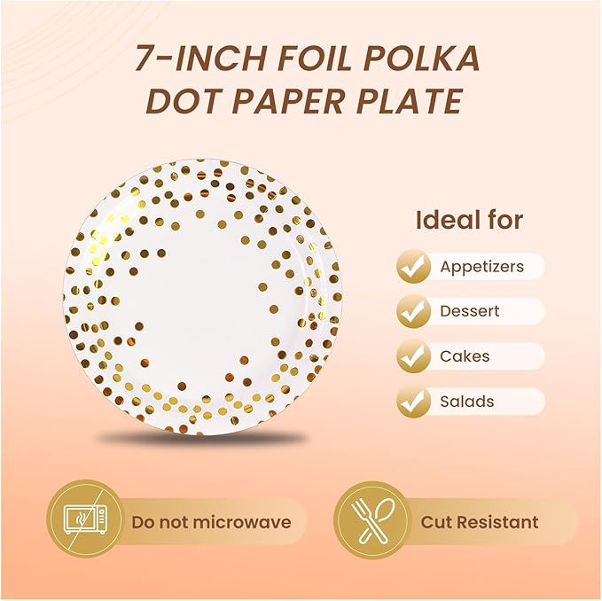 150PCS Paper Plates and Napkins Set - White and Gold Dot Disposable Party Dinnerware Includes Paper Plates, Napkins, Forks Decorations for Birthdays, Graduations, Weddings and Holidays, Serves 50