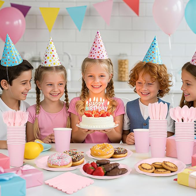 175 Pcs Light Pink Plates and Napkins Set, 25 Guest Pink Party Supplies Include Scalloped Plate Napkin Cup Forks Knives Disposable Plastic Cutlery for Wedding Baby Shower Birthday Party