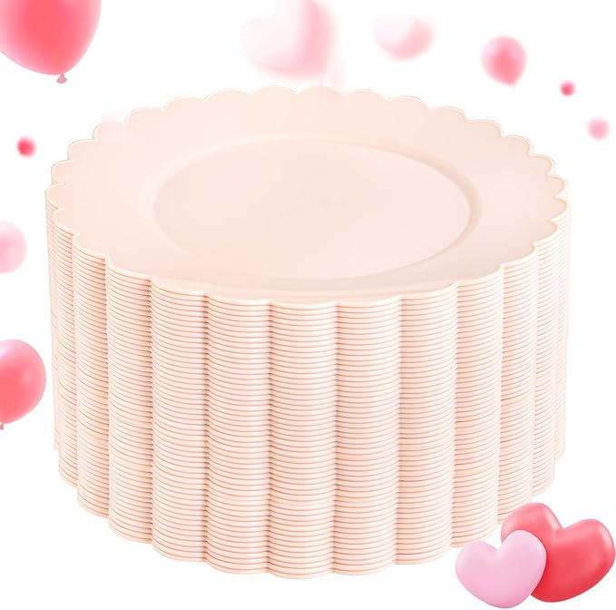 SUT 72-Count Pink Plastic Plates Disposable 10.25 Inch - Scalloped Edge Dinner Plates for Valentine’s Day, Parties, Birthdays, Weddings | Lightweight & Durable Disposable Dinnerware (72 Pack)