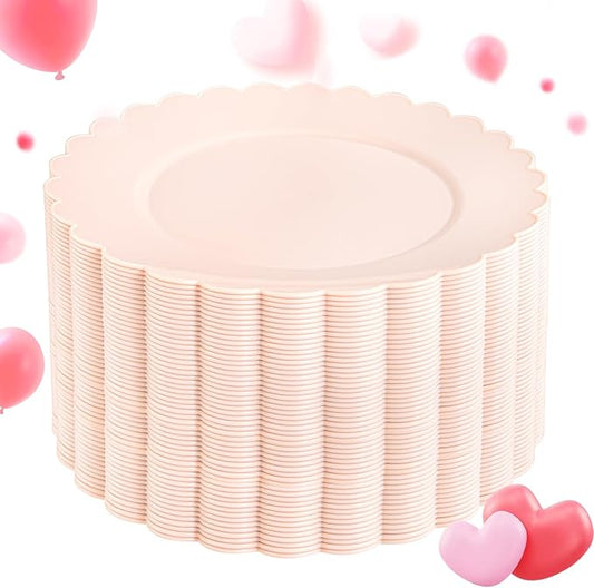SUT 72-Count Pink Plastic Plates Disposable 10.25 Inch - Scalloped Edge Dinner Plates for Valentine’s Day, Parties, Birthdays, Weddings | Lightweight & Durable Disposable Dinnerware (72 Pack)