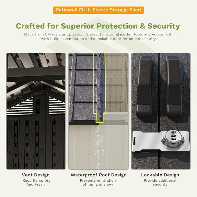 Patiowell 8 x 6 FT Resin Outdoor Storage Shed with Floor, Large Shed with Light and Lockable Door for Garden, Backyard, Tool Storage Use, Easy to Install in Beige (Kick-it Shed)