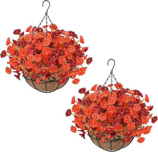 2 Set Artificial Hanging Flowers Plants Basket for Outdoors Fall Decorations, 24 Pcs UV Resistant Faux Morning Glory Fake Petunias with 2 Hanging Planter for Home Porch Balcony Garden Decor