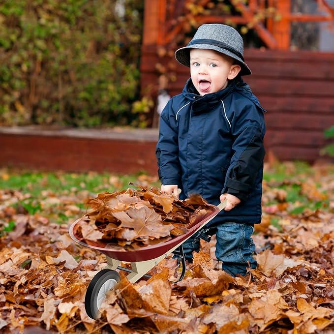 Kids Wheelbarrow Set with Gardening Tools Outdoor Backyard Garden Play for Toddlers Boys Girls 3-8, with Shovel, Rake, Leaf Rake, Easter Birthday Gifts (Wheelbarrow Red Color)