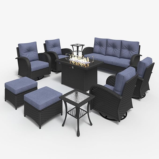 LayinSun 10 Pieces Outdoor Patio Furniture Set with Fire Pit Table, Rattan Wicker Sectional Swivel Rocker Chairs Sets