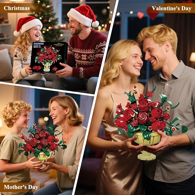 Rose Flower Building Set, 969 PCS Botanicals Flowers Bouquet Building Block Kit with Pot, Artificial Bonsai Plant Collection Office Home Decor, Birthday Gift for Adults Women Boys Girls 12+