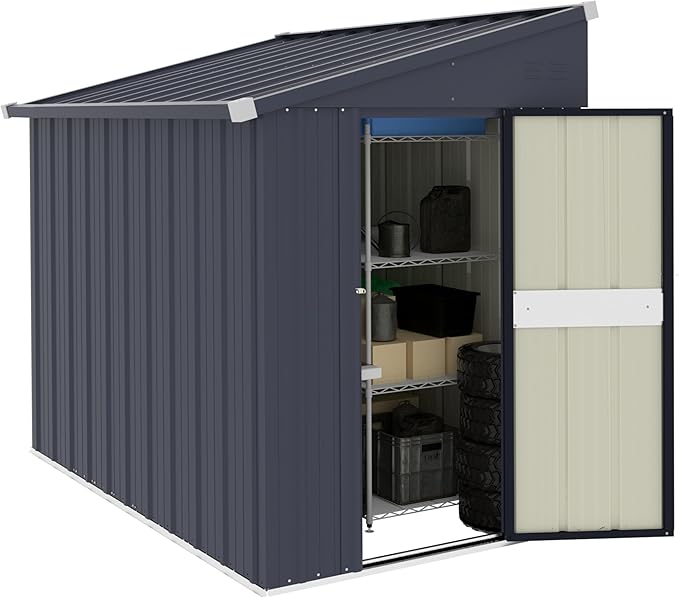 MUPATER Outdoor Storage Shed 4x6 FT, Garden Tool Shed, Metal Lean-to Shed Kit for Backyard Lawn with Lockable Door and Vents, Grey