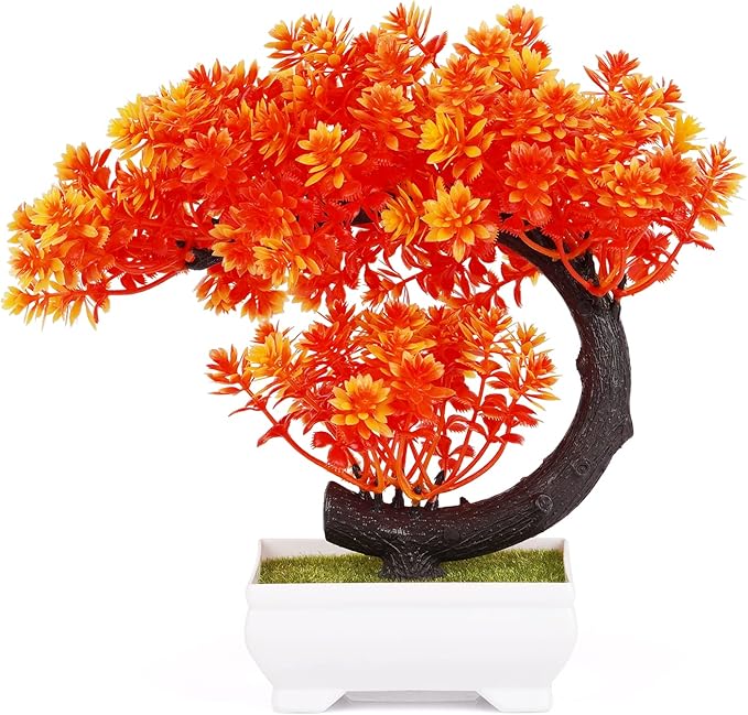Artificial Bonsai Tree Fake Plant Fake Bonsai Tree with Plastic Pots for Home Decor Desktop Display (C Orange)