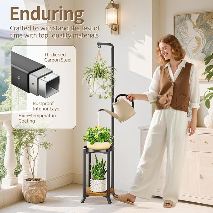 LASZOLA Black 2 Tier 61.5 Inch Tall Plant Stand Indoor with Hanging Ring, Large Heavy Duty Metal Vertical Corner Rack for Multiple Planter, Sturdy Rustic Flower Shelf Holder Organizer for House Patio