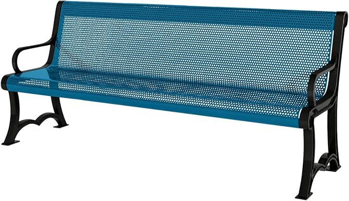 COATEDOUTDOORFURNITURE Coated Outdoor Furniture Heavy-Duty Outdoor Bench Thermoplastic Coated, Punched Steel, Commercial-Grade Garden Bench, Made in America (Portable with Back, 4 Ft, Light Blue)