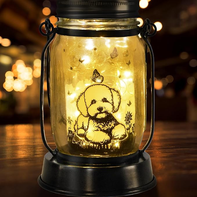 Bichon Dog Gifts for Women/Men Bichon Frise Solar Lanterns Birthday Dog Lovers Lantern Pet Loss Dog Memorial Lights Solar Garden Decoration for Yard, Patio,Backyard,Porch Torches Light