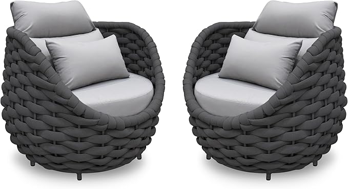 2 PCS Patio Rope Armchair: Aluminum Woven Accent Chair - Modern Garden Chair Assembled - All Weather 400lbs Outdoor Seating Porch Furniture Deck Balcony Hotel