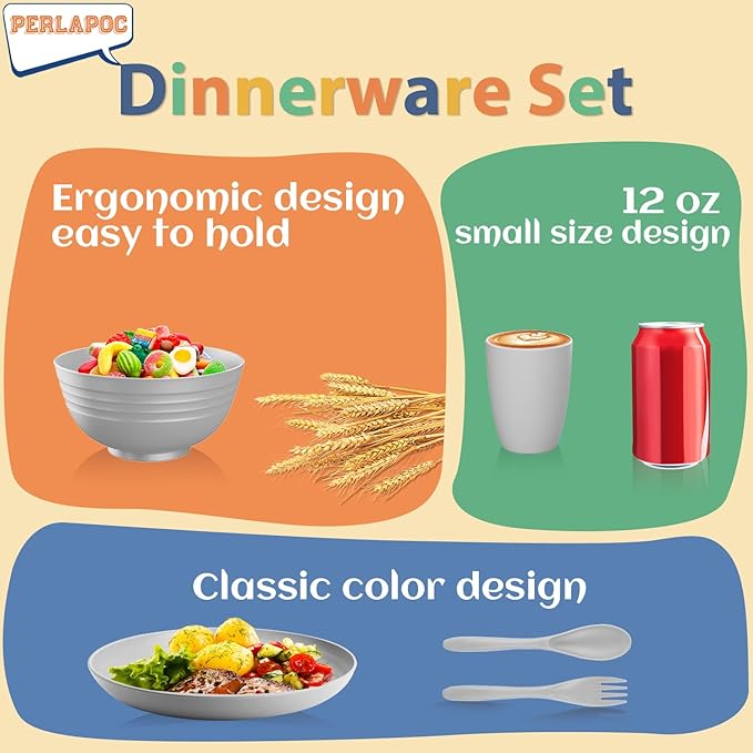 Dinnerware Sets 20 pcs, Wheat Straw Plates and Bowls Sets with Cups Service for 4, Unbreakable Reusable Plastic Plates Set for Kitchen, Office, Travel, Camping - Gray