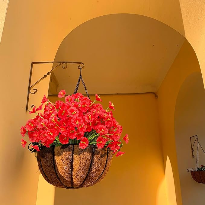 15 Bundles Artificial Flowers UV Resistant Outdoor Plants No Fade Faux Plastic Shrubs Fake Silk Flowers Window Box Garden Porch Home Decoration (Morning Glory Red)