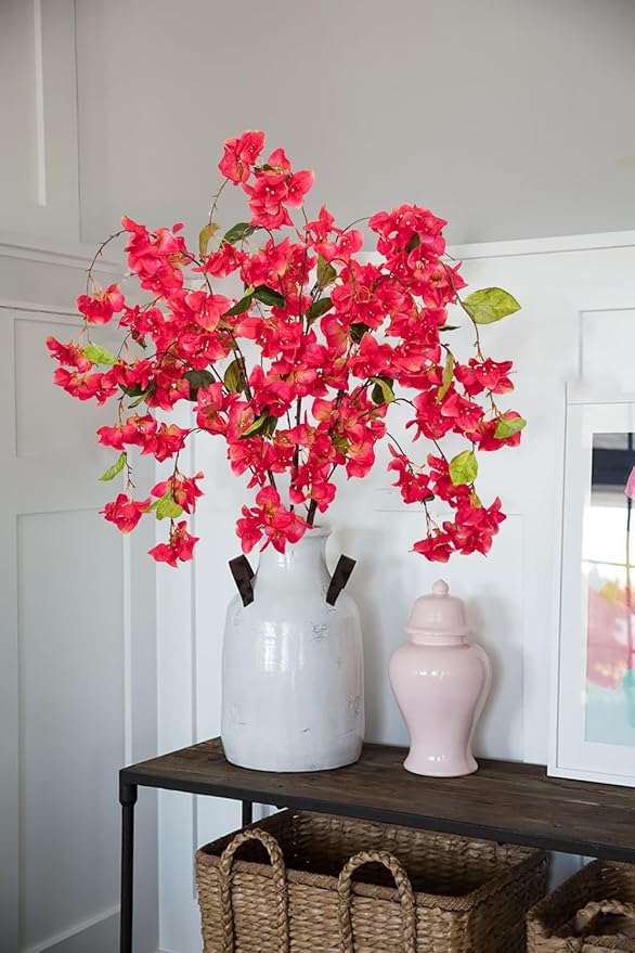 DILATATA Artificial Bougainvillea Branches 47" Long Wisteria Vines Trailing Artificial Flowers for Front Door Porch Planter Urn Patio Balcony Drooping Flowers Deep Rose Bugambilias