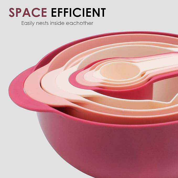 COOK WITH COLOR Nesting Bowls with Measuring Cups Colander and Sifter Set - Includes Mixing Bowls, Colander, Sifter and Measuring Cups, Rose, 8 Pc Bowl