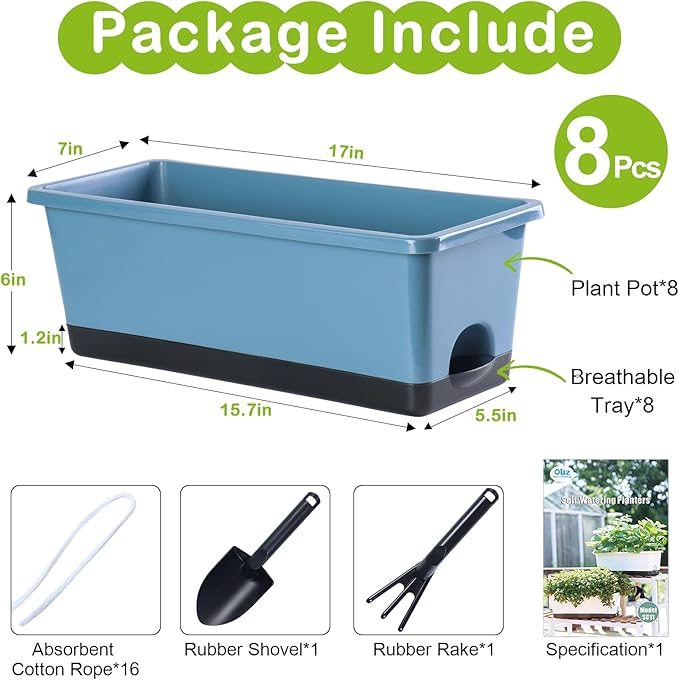 Window Box Planter 8 Pcs, 17 Inches Rectangle Flower Pots with Drainage Holes and Trays, Vegetable Planters for Windowsill Patio Garden Balcony Home Porch Yard Indoor Outdoor (Blue)