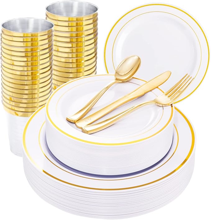 WELLIFE 150 Pcs Gold Plastic Plates, Plastic Dinnerware Set Includes: 25 Dinner plates 10.25", 25 Dessert plates 7.5", 25 gold Cups 9OZ and 25 gold Cutlery for Party
