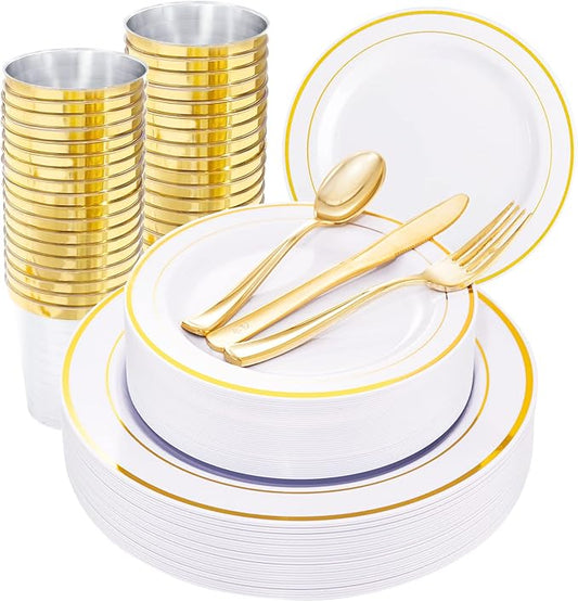 WELLIFE 150 Pcs Gold Plastic Plates, Plastic Dinnerware Set Includes: 25 Dinner plates 10.25", 25 Dessert plates 7.5", 25 gold Cups 9OZ and 25 gold Cutlery for Party