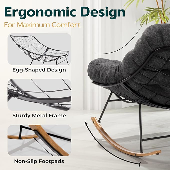 Bme Patio Rocking Chair Outdoor & Indoor, Metal Patio Lounge Rocking Chair with Thick Cushion, Comfy Modern Rocker Chair for Living Room, Porch, Backyard, Grey Cushion - Wood Texture Rocker