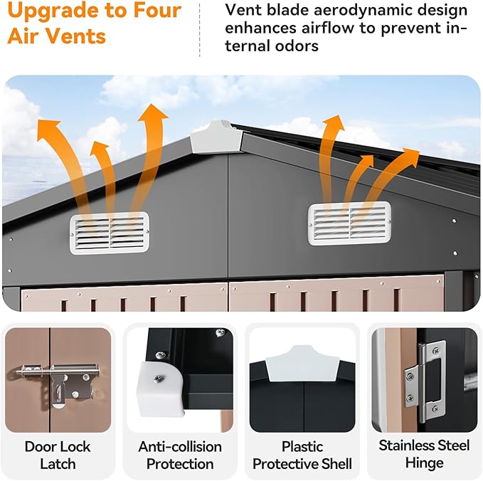 8×15FT Outdoor Storage Shed, Metal Garden Shed with Lockable Double Doors & Sloping Roof, Weather-Resistant Tool Shed for Backyard, Patio, Poolside Brown