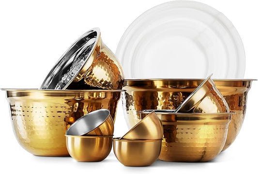 COOK WITH COLOR 18 Piece Mixing Bowls Set with Airtight Lids, Stainless Steel Bowl Organizers, Food Storage Containers, Meal Prep, Nesting Salad Bowls For Cooking, Baking, Kitchen, Gold - Hammered