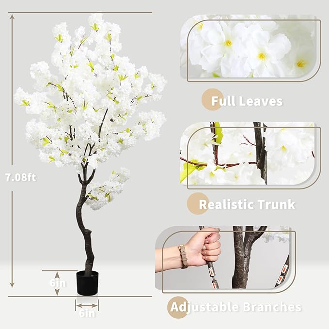 Large Artificial White Cherry Blossom 6ft(72in) Faux Floor Green Plant for Indoor Decor Natural Potted Tree Realistic Cherry Flowers Wood Trunk for Home Living Room,Office Perfect Housewarming Gift