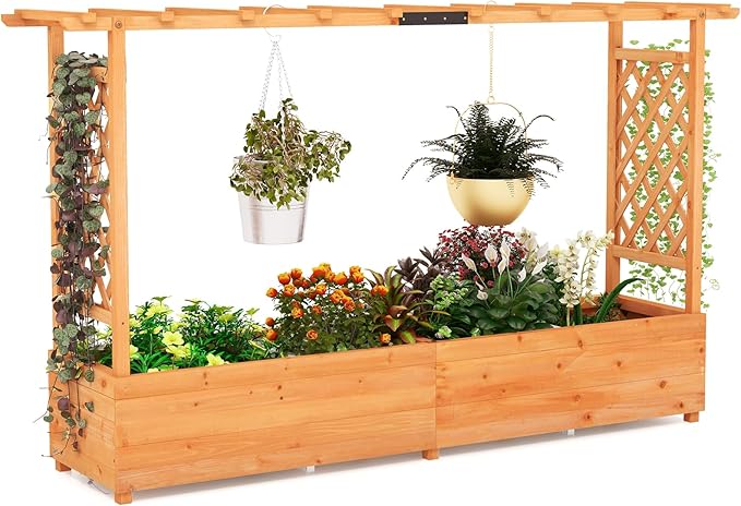 S AFSTAR 45-Inch Raised Garden Bed with Arch Trellis, Hanging Roof, Planter Box, Drainage Holes, Vertical Plant Container for Vine Climbing Plant Flower, Standing Wood Planter for Garden Patio Yard