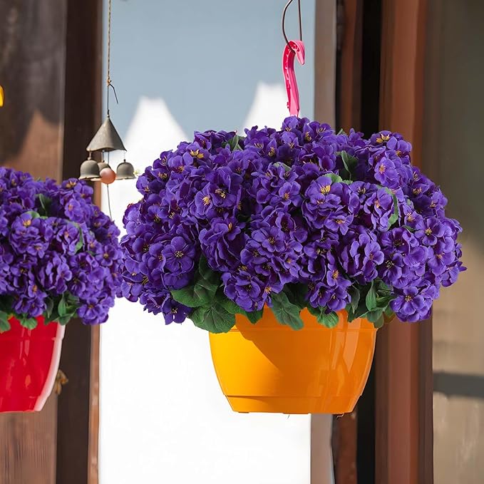 Hananona 12 Pcs Artificial Geranium Flowers for Outdoors Silk Purple Geranium Flowers Outdoor UV Resistant Plants Faux Flower for Home Kitchen Table Centerpieces Front Door Patio Decor (12, Purple)