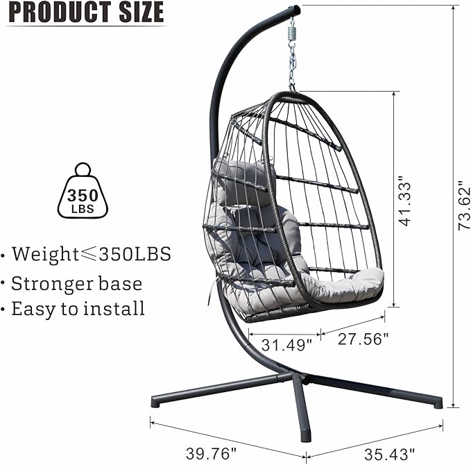 HWB Hanging Egg Chair with Stand, Patio Wicker Hammock Egg Swing Chair with Cushion for Bedroom Garden Indoor Outdoor (Grey)