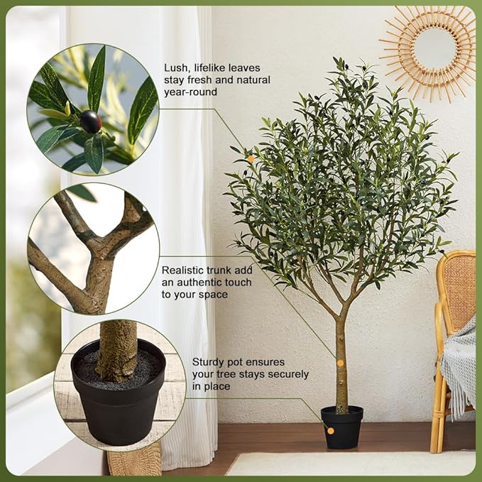 Artificial Olive Tree 6FT - Large Fake Olive Trees Indoor with 1676 Silk Leaves, Outdoor Potted Faux Plant with UV Resistant for Living Room,Office,Patio, Home Decor,VN157