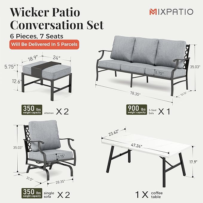 Patio Furniture Set 6 pcs, Outdoor Patio Furniture, 3-Seat Sofa, 2 Rocking Chairs, 2 Ottomans, Coffee Table and 5.75" Extra Thick Cushion, Patio Conversation Set for Backyard Deck,Grey