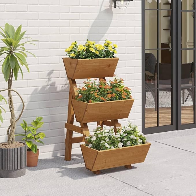 3-Tiers Wooden Raised Garden Bed Tiered Planter Box Vertical Garden Planter Wood Plant Stand for Patio, Balcony, Freestanding. (Brown S)