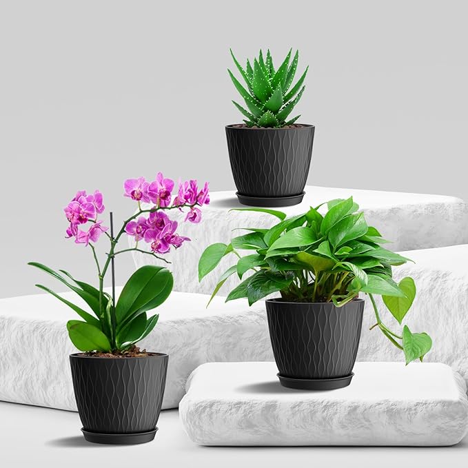 6 Inch Plant Pots, 6 Pack Flower Pots for Indoor and Outdoor Use, Planters with Drainage Holes and Saucers, Black