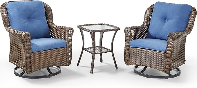 3 Piece Patio Swivel Chairs and Side Table Set - High Back Outdoor Brown Wicker Rattan Rocking Glider with Thick Cushions for Porch Apartment Deck Yard Poolside Garden - Navy Blue