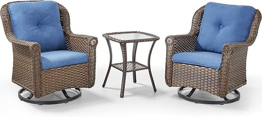 3 Piece Patio Swivel Chairs and Side Table Set - High Back Outdoor Brown Wicker Rattan Rocking Glider with Thick Cushions for Porch Apartment Deck Yard Poolside Garden - Navy Blue