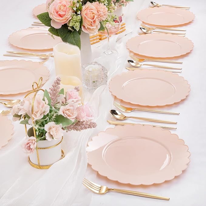 SUT 72-Count Pink Plastic Plates Disposable 10.25 Inch - Scalloped Edge Dinner Plates for Valentine’s Day, Parties, Birthdays, Weddings | Lightweight & Durable Disposable Dinnerware (72 Pack)