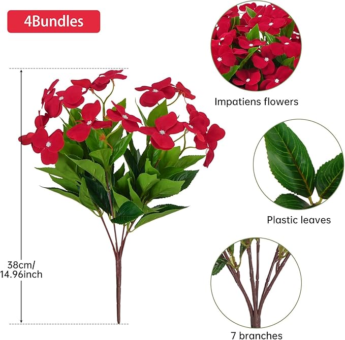 4 Pcs Artificial Flowers Impatiens Bouquet for Outdoors Silk Flowers UV Resistant Faux Impatiens Red Faux Plants for Outside Pot Patio Garden Hanging Basket Porch Decor