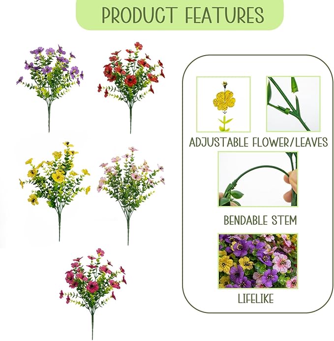 Artificial Flowers for Outdoors, 10 Bundles UV Resistant Artificial Outdoor Flowers, Not-Fading Silk Faux Flowers for Outdoor Planters for Home Garden Porch Decor, Mixedcolor