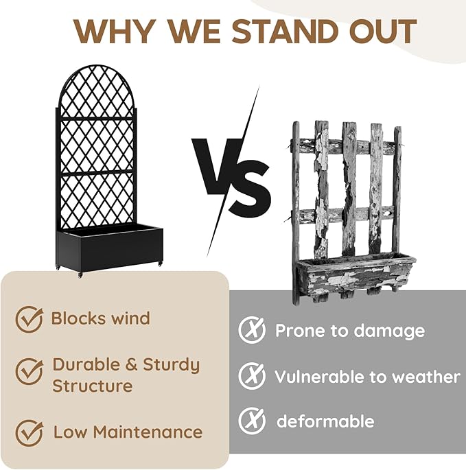 Metal Raised Garden Bed with Trellis & Wheels,70" x 35"x 15.7" Planter Box with Trellis,Privacy Planters for Patio,Garden Bed for Climbing Plants,Suitable for Climbing Plants and Vegetables,Black