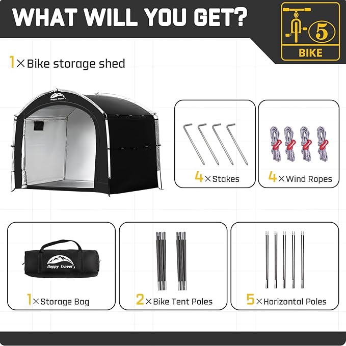 Happy Travel Bike Storage Shed Tent,Outdoor Portable Bicycle Storage Sheds with 210D Oxford Fabric PU4000 Waterproof for 2/3/4/6/8 Bikes,Bike Covers Shelter for Motorcycle,Garden Tools,Toys,Lawn Mower