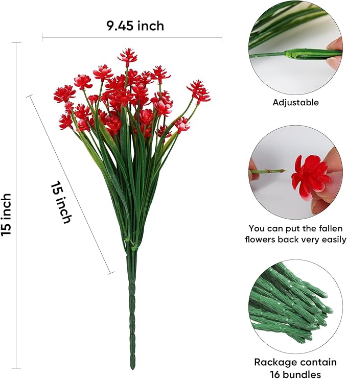 Artificial Flowers Outdoor UV Resistant Fake Plants Indoor Outside Hanging Planter Home Garden Decor, 16 Bundles (Red-Daffodil)
