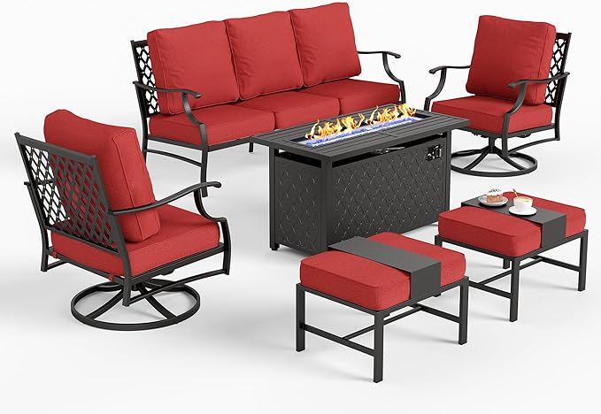 6 Piece Metal Outdoor Patio Furniture Set with Firepit Table, Patio Conversation Set 1 3-Seater Sofa, 2 Swivel Chair, 2 Ottoman with 5.75" Thick Cushion, Black Backyard Furniture, Red