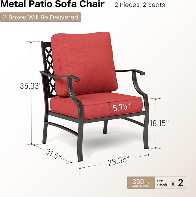 Metal Patio Chair Set of 2 with 5.75" Extra Thick Cushion, 2 Pieces High Back Outdoor Patio Chairs All Weather Outdoor Furniture Seating for Deck Backyard Balcony Front Porch, Rust Red