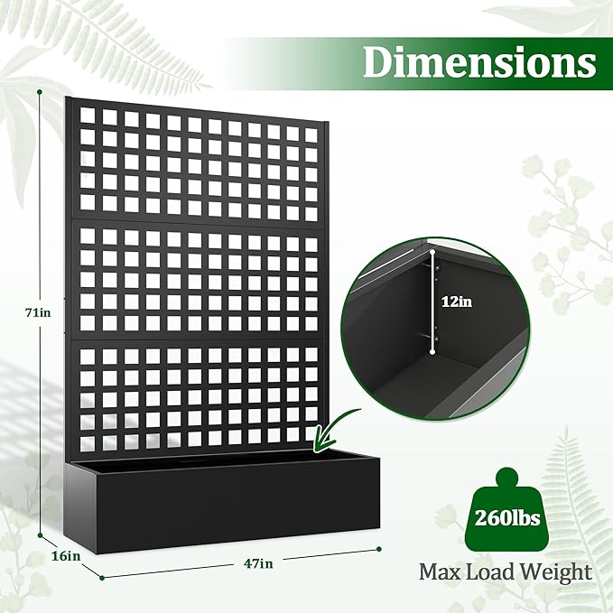 Metal Raised Garden Bed with Trellis, 2 in 1 Trellis with Planter Box & Privacy Screen for Climbing Plants, Vine, Outdoor Standing Flower Beds with Drainage Holes, 47.2"L x 16.7"W x 70.8"H, Black